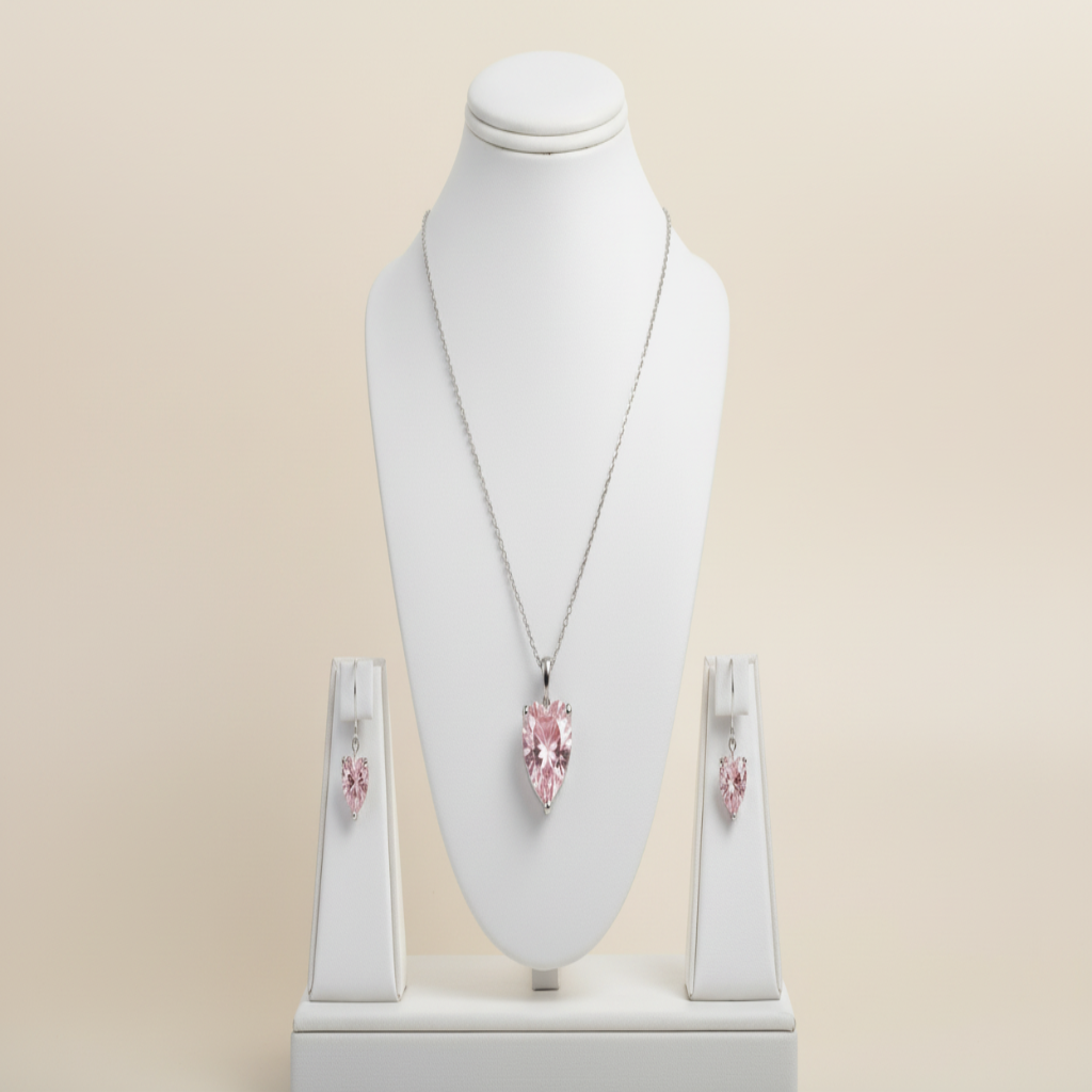Moissanite Pink Heart Necklace and Earring Set 2Ct with Diamond Test Certification, S925 Silver Women's Jewelry Gift