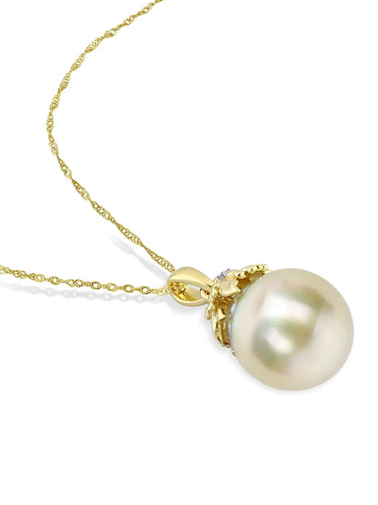 Women'S Cultured Pearl and Diamond 14K Yellow Gold Necklace
