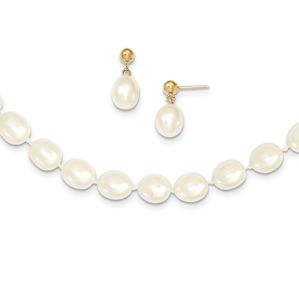 14K 7-8Mm White Rice Freshwater Cultured Pearl 18 Inch Necklace and Post Earring Set XF394SET