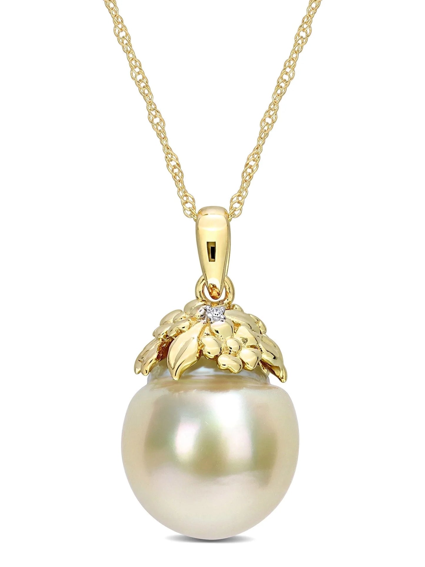 Women'S Cultured Pearl and Diamond 14K Yellow Gold Necklace