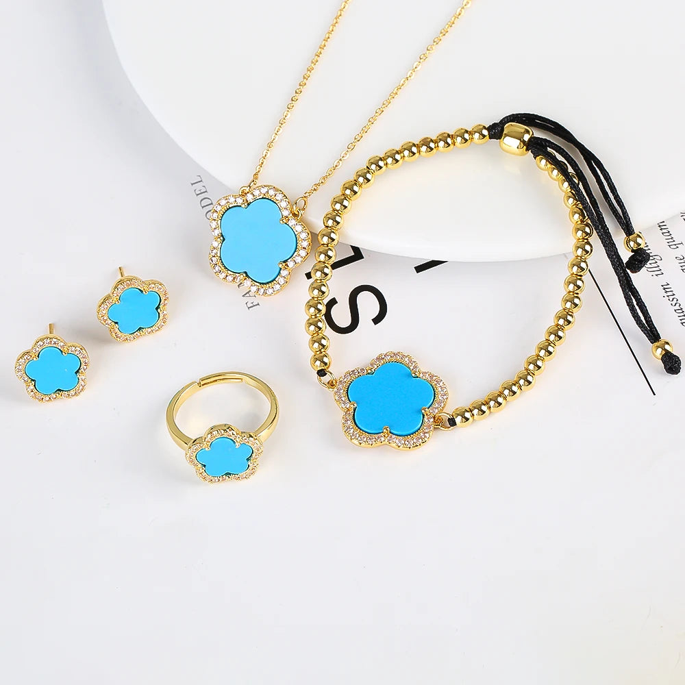 18K Gold Luxury High Quality Diamond Stainless Steel Chain Plant Flower Pendant Necklace Earrings Ring Bracelet Set
