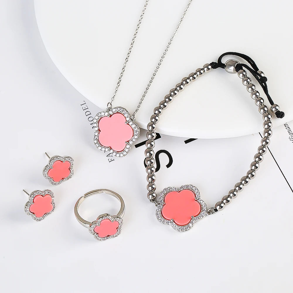 18K Gold Luxury High Quality Diamond Stainless Steel Chain Plant Flower Pendant Necklace Earrings Ring Bracelet Set