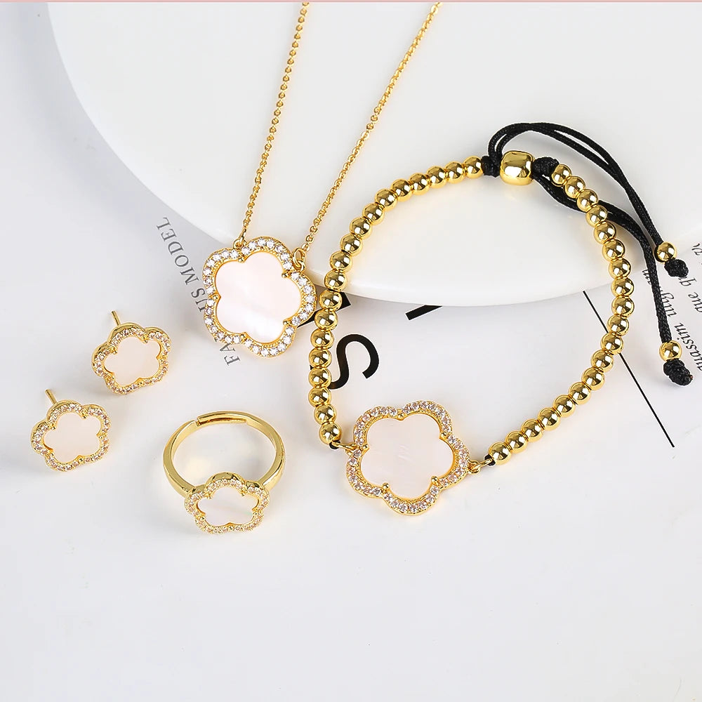 18K Gold Luxury High Quality Diamond Stainless Steel Chain Plant Flower Pendant Necklace Earrings Ring Bracelet Set