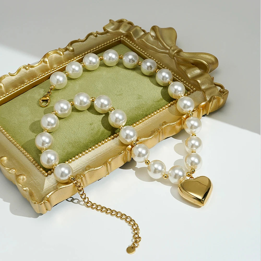 FASHION 14MM Pearls Heart Pendant Necklace For Women's Stainless Steel 18K Plated Gold Fashion Dating Jewelry P3548