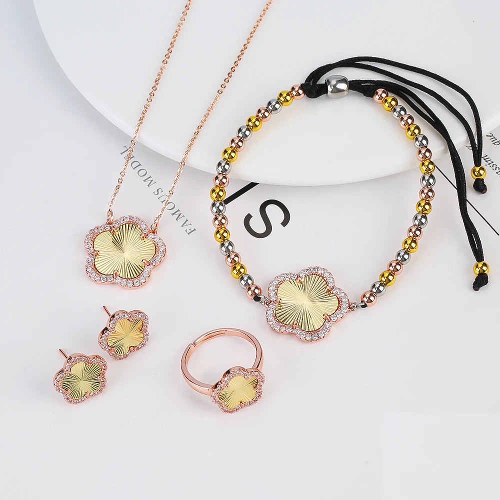 18K Gold Luxury High Quality Diamond Stainless Steel Chain Plant Flower Pendant Necklace Earrings Ring Bracelet Set