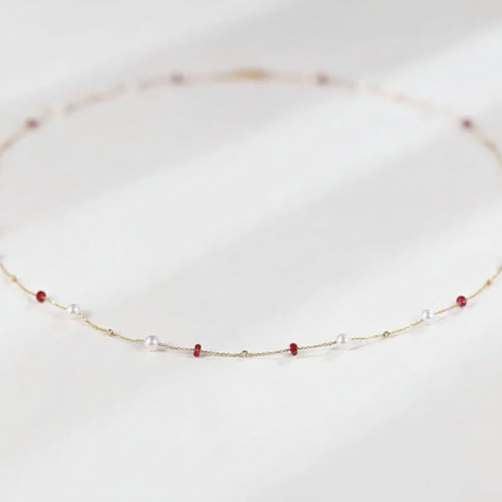 Fine Jewelry 18K Yellow Natural Ruby Freshwater Pearl Necklace Pendant
