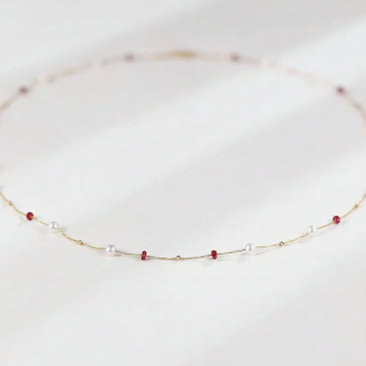 Fine Jewelry 18K Yellow Natural Ruby Freshwater Pearl Necklace Pendant