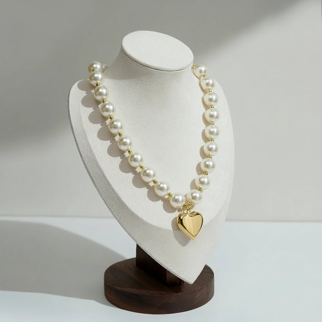 FASHION 14MM Pearls Heart Pendant Necklace For Women's Stainless Steel 18K Plated Gold Fashion Dating Jewelry P3548